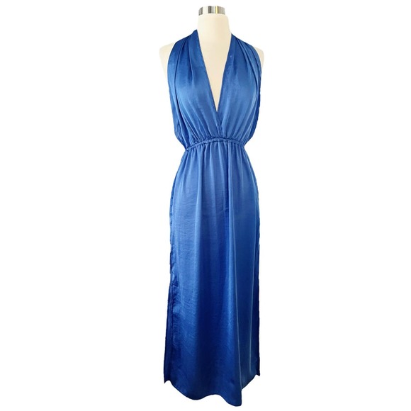 T. ZOVICH Blue Maxi Dress Satin Halter Ties Multiway Lightweight Ties Small NWT - Picture 4 of 12